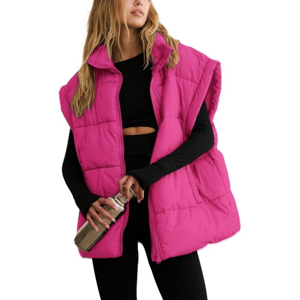 Women's Hot Pink Winter Puffer Vest Quilted Lightweight Stand Collar Sleeveless